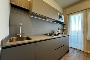 A modern kitchen with a stainless steel sink, a microwave, and a gas stove. - Skyline-Bluemoon (Studio Apartment with a View) (Siena)