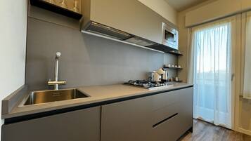 Frigorifero, microonde, piano cottura, lavastoviglie