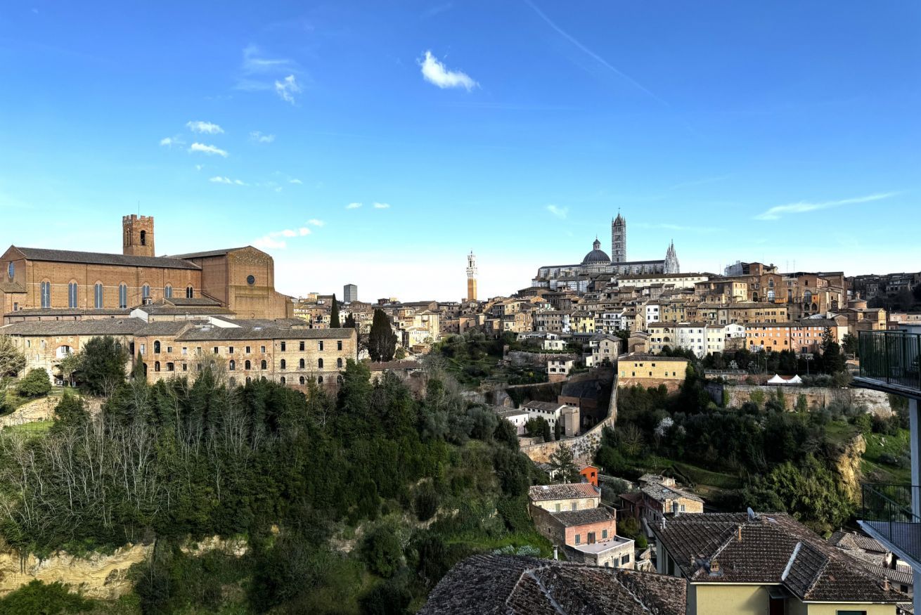 Un paisaje urbano histórico con arquitectura destacada, que incluye una iglesia grande con campanario y una catedral con cúpula.
