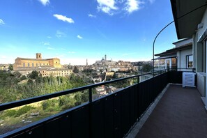 A balcony with a view of a historic cityscape, including a prominent church and a large building. - Skyline-Bluemoon (Studio Apartment with a View) (Siena)