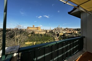 A balcony with a view of a historic town, including a prominent church and various buildings. - Skyline- Moncheri ( Studio apartment with a view) (Siena)