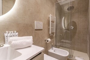 Shower, hair dryer, bidet, towels