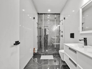 Hair dryer, bidet, towels, soap