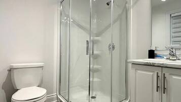 Shower, towels, soap, shampoo
