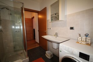 Shower, hair dryer, bidet, towels