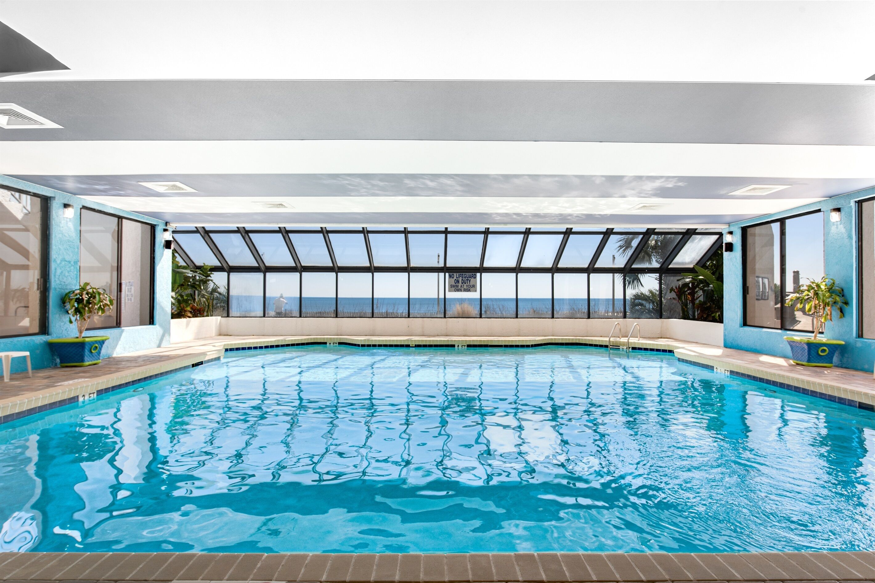 Una piscina interna con pareti di vetro trasparente, vista sull'oceano e piante in vaso ai lati.