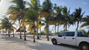 A white pickup truck parked on a sandy beach with palm trees in the background. - Ocean Front, Accessible, 3-bdrm Home!  (Celestún)