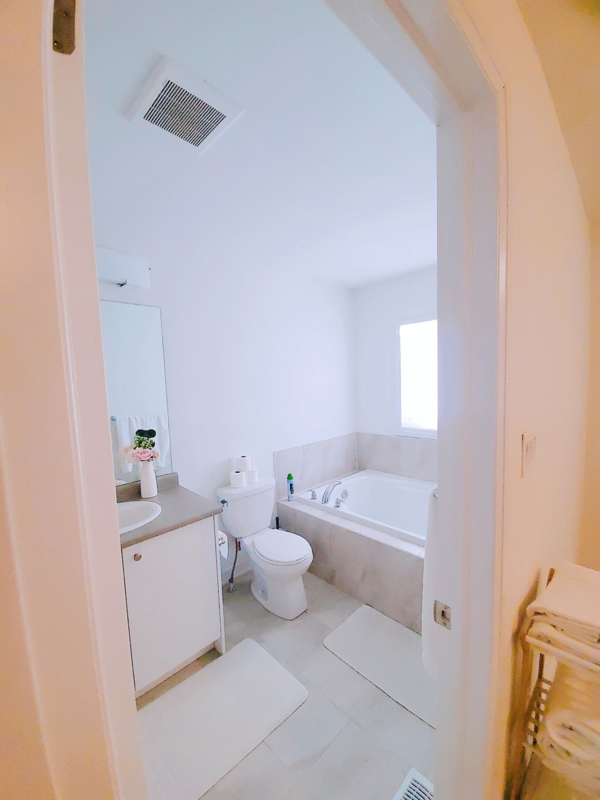 Douche, séchoir à cheveux, serviettes fournies, savon