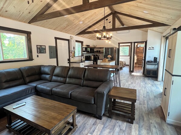 Smart TV, fireplace, table football, books