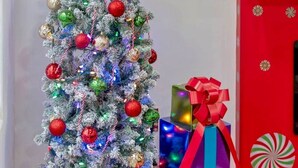 Een versierde kerstboom met decoraties en een ster bovenop, naast een rode muur met een snoepstokpatroon en een cadeaudoos.