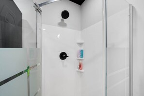 Chuveiro, secador de cabelo, sabonete, shampoo