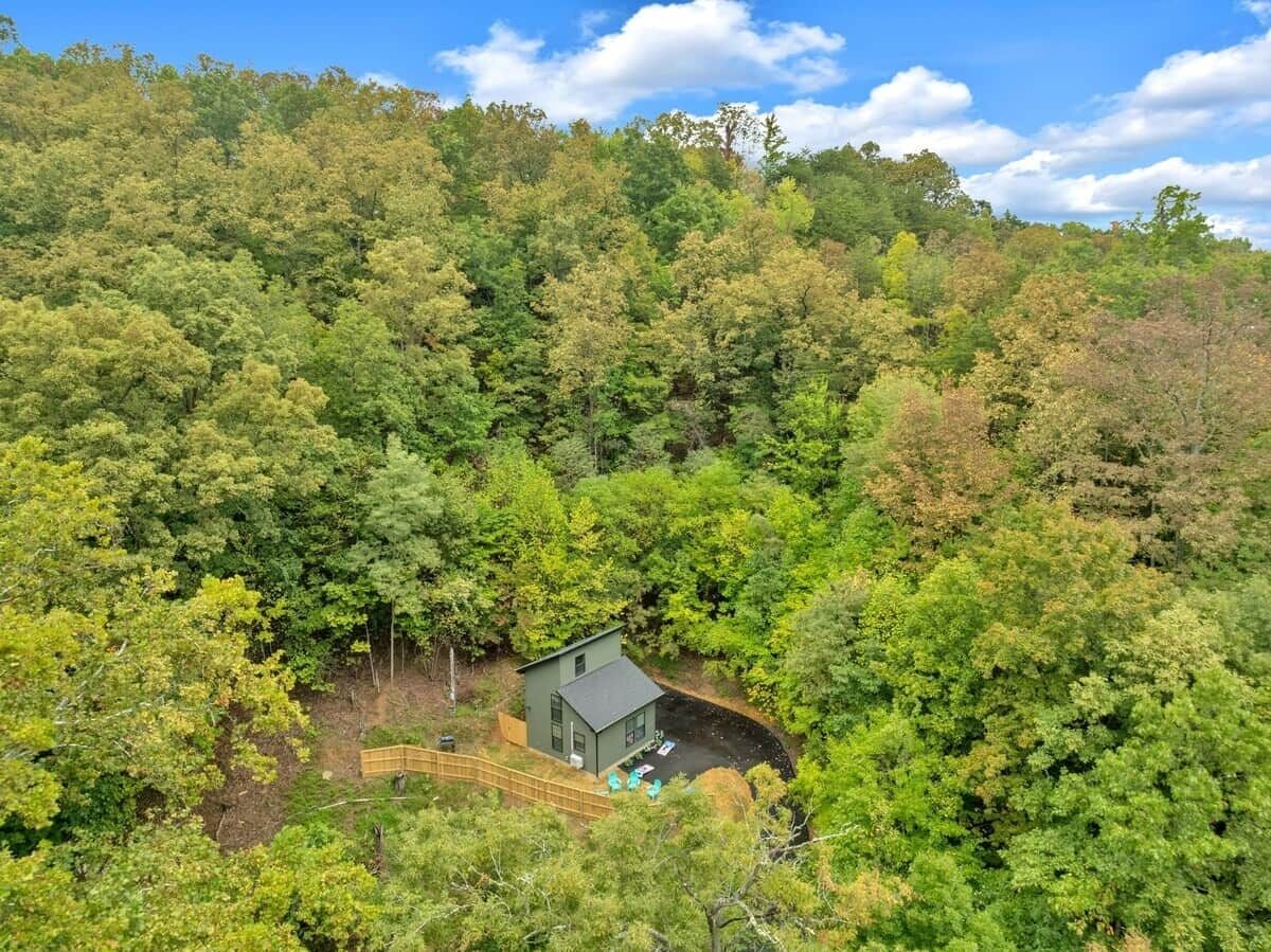 A secluded cabin surrounded by dense forest with a clear sky.