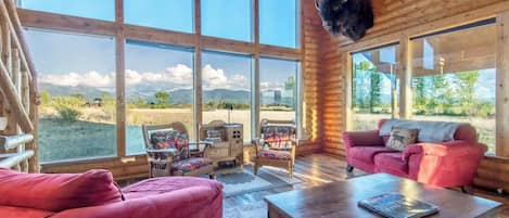 TV connectée, cheminée, livres, espaces bureaux