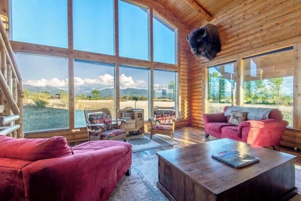 Smart TV, fireplace, books, offices