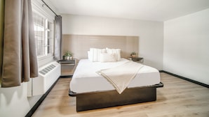 A modern bedroom with a large bed, a bedside table with a lamp, a window with curtains, and a wall-mounted heater. - ERTH INN by AGA- San Ysidro (San Ysidro)