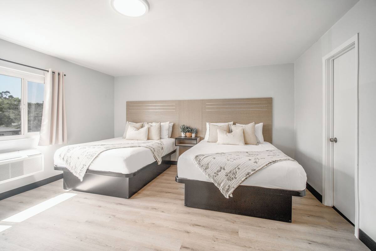A modern bedroom with two beds, a nightstand, and a window with curtains.