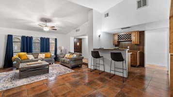 Smart TV, fireplace, video games, foosball