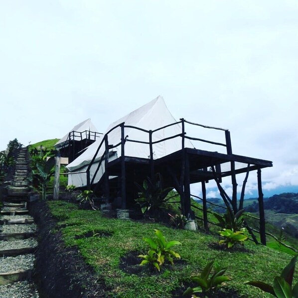 A structure with a staircase leading up to a platform with a white canopy. - Glamping Rustiko Salento (Salento)