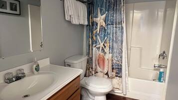 Hair dryer, towels, soap, shampoo