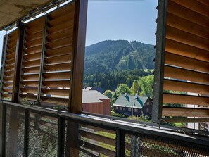 A view from a balcony with wooden slats, overlooking a village with houses and a mountain in the background.