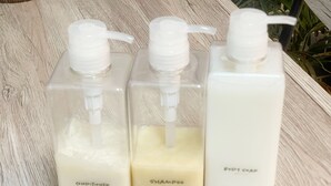 Three transparent bottles with pumps, labeled 'Conditioner', 'Shampoo', and 'Body Soap'. - LVB Shibuyadogenzaka (Tokyo)