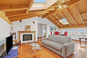 A room with a fireplace, a sofa, a television, and a skylight.