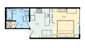 Ein Grundriss eines Hotelzimmers mit Bad, Küche und Schlafzimmer.