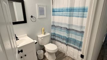 Shower, hair dryer, towels, toilet paper