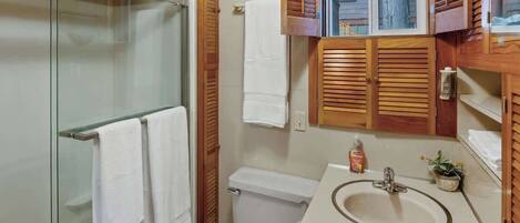 A bathroom with a glass shower enclosure, a toilet, a sink with a mirror, and wooden cabinets.