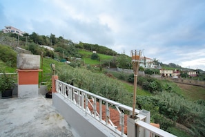 Eine Dachterrasse mit Geländer, Blumentöpfen und Blick auf eine hügelige Landschaft mit Gebäuden.