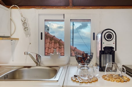Fridge, microwave, oven, stovetop. Chalet 'Luci's House' with Sea View, Private Terrace, and Wi-Fi