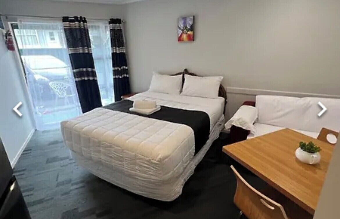 A hotel room with a bed, a wooden desk, a chair, and a small table with a plant.
