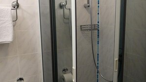 Douchegedeelte met een glazen deur, een handdoekhouder, een toiletrolhouder en een douchekop.