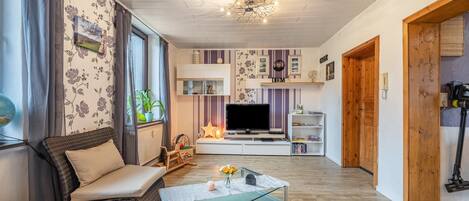 Televisión, chimenea, reproductor de DVD