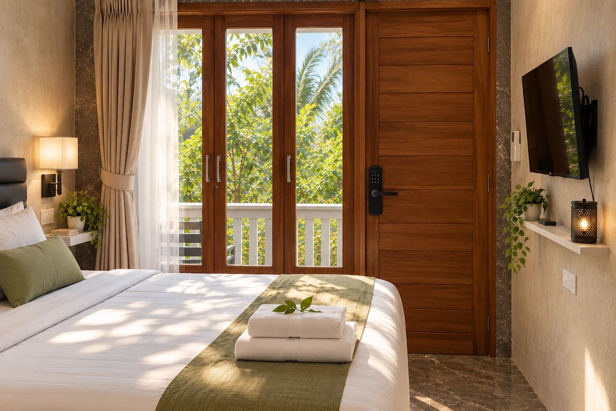 Une chambre à coucher avec un lit, des rideaux, une télévision et un balcon donnant sur des arbres.