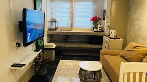 Un espacio habitable pequeño con televisión, una kitchenette, un sofá y una planta decorativa.