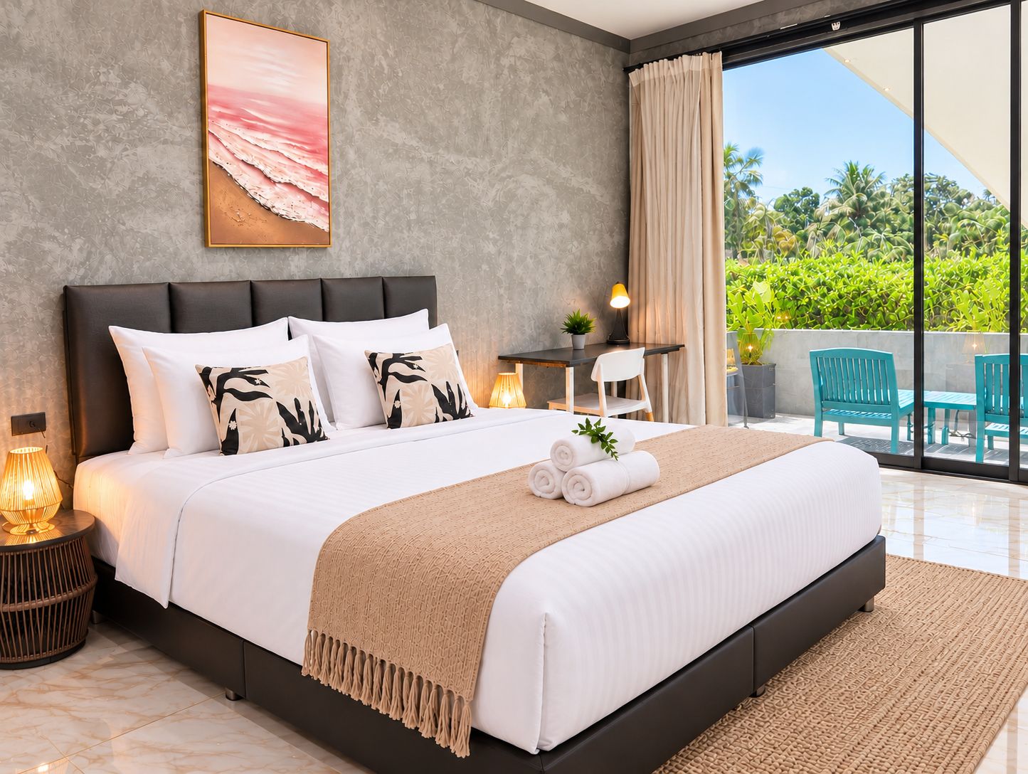 Ein modernes Schlafzimmer mit einem großen Bett, Blick ins Grüne und einem Essbereich mit Stühlen.