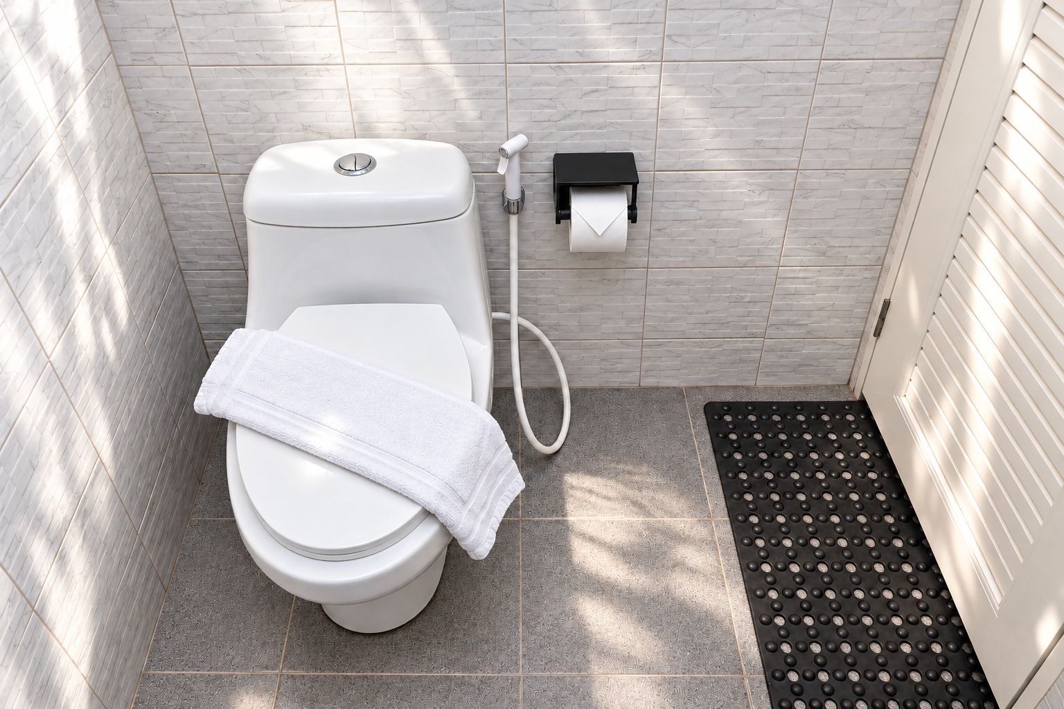 A modern bathroom with a toilet, a towel, a toilet paper holder, and a black mat.