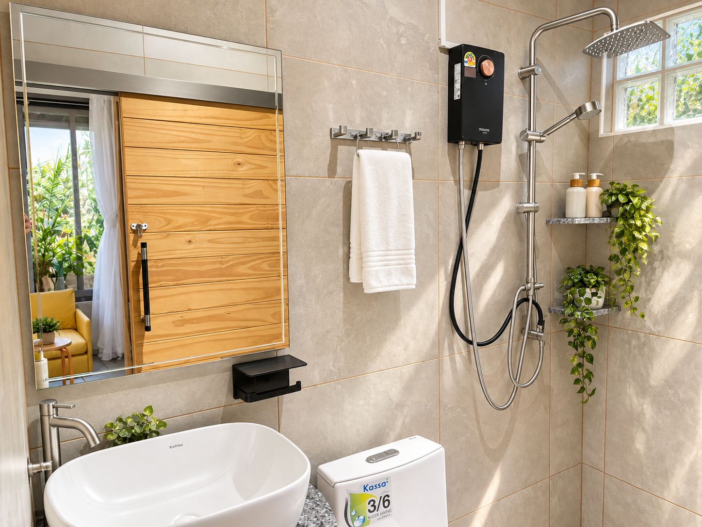 A modern bathroom with a freestanding bathtub, a toilet, a shower with a rain showerhead, and a towel rack.