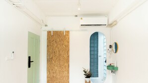 Une pièce avec une porte en bois, une porte verte, un mur blanc, une petite plante, un miroir et un plafond blanc équipé d’un appareil de climatisation.