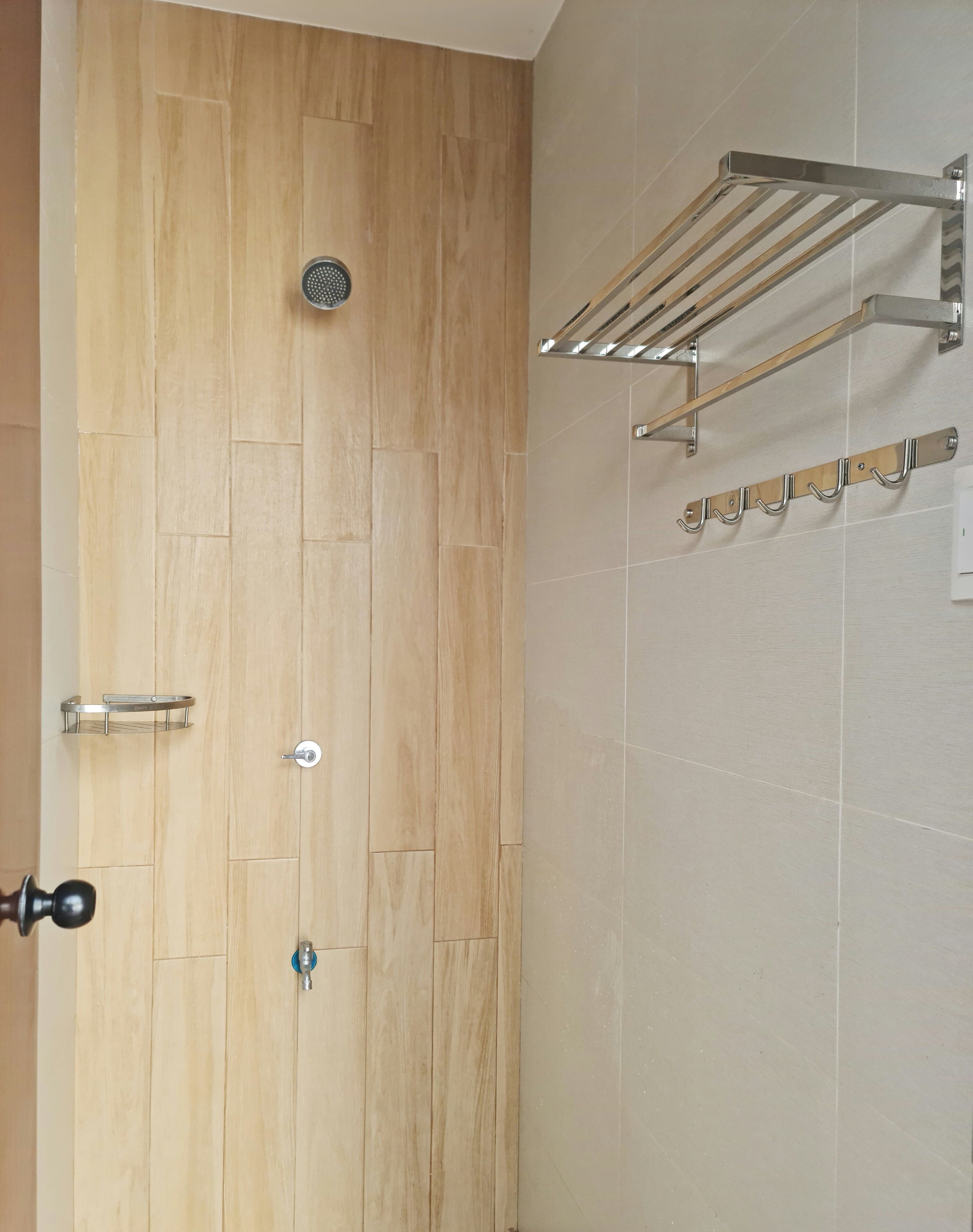 A bathroom with a wooden door, a shower with a rain showerhead, and a towel rack with hooks.
