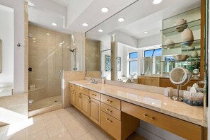 Shower, jetted tub, hair dryer, towels