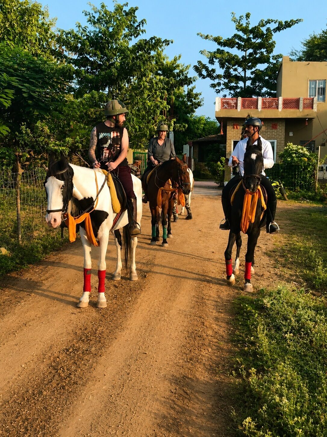 A dirt road with four people riding horses.