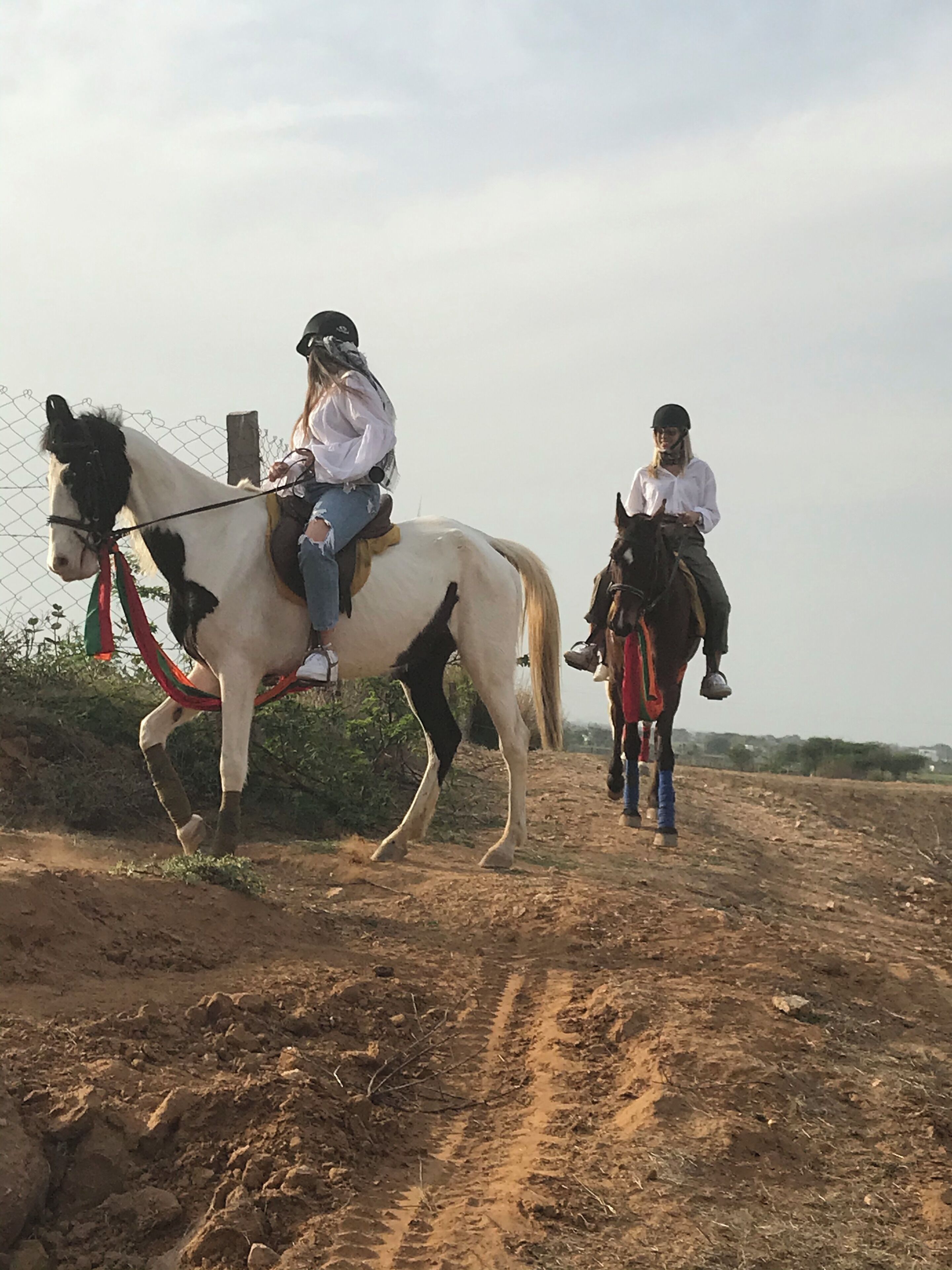 Two individuals riding horses on a dirt path.
