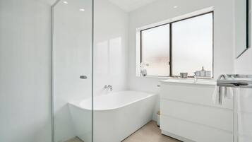 Shower, hair dryer, towels, shampoo