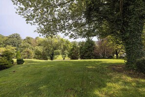 A well-maintained grassy area with mature trees and a clear sky. - Sojourners Rest: Old Rag Views, Hot Tub, Fire Pit (Etlan)