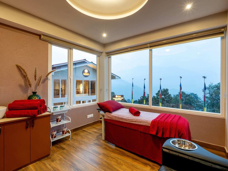 A room with a bed, a sink, and a window with a view of mountains.