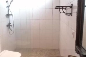 Hair dryer, towels, soap, shampoo