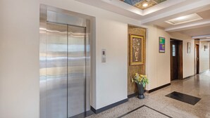 A modern elevator with a metallic finish, a wall-mounted decorative panel, and a potted plant with yellow flowers. - Treebo AR Grand, Gajuwaka (Visakhapatnam)