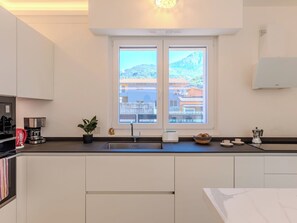 Fridge, oven, dishwasher, cookware/dishes/utensils